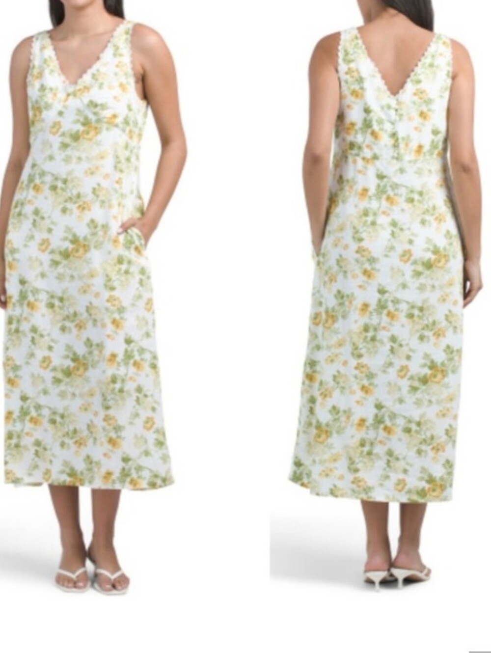 Laura Ashley Floral Lace Trim Linen Maxi Boho Coastal Euro Summer Dress